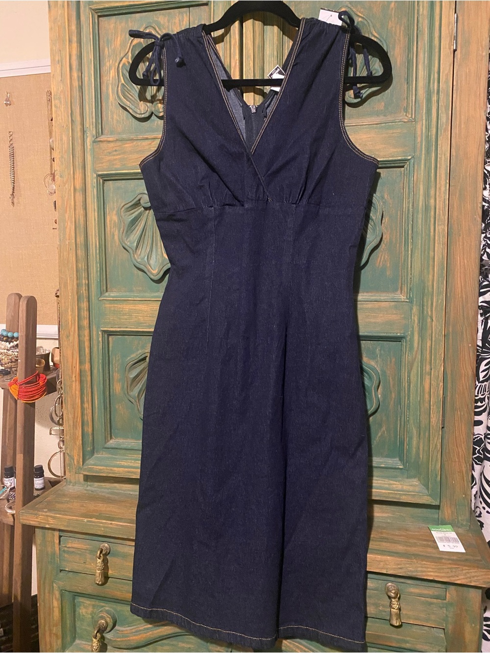 Chesley Sleeveless Dark Denim Midi Dress with Tie Shoulders
